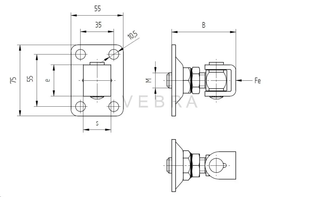 Stavitelný pant M16 s plotnou 55x75 mm